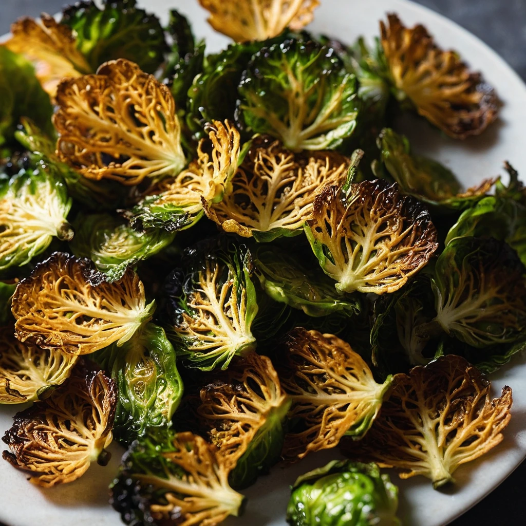 golden crispy brussel sprout chips on a plate with a glossy sweet chili glaze