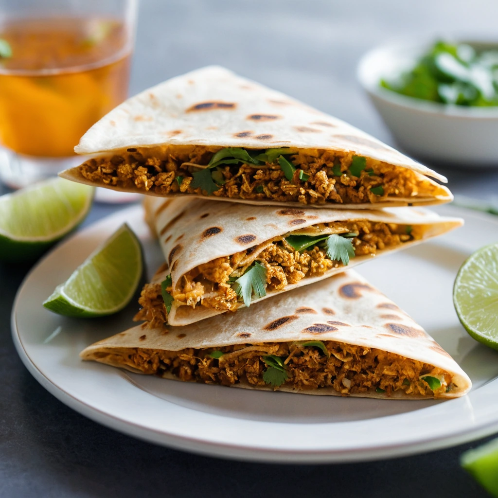 Golden brown quesadillas with a vibrant green garnish of cilantro on a white plate