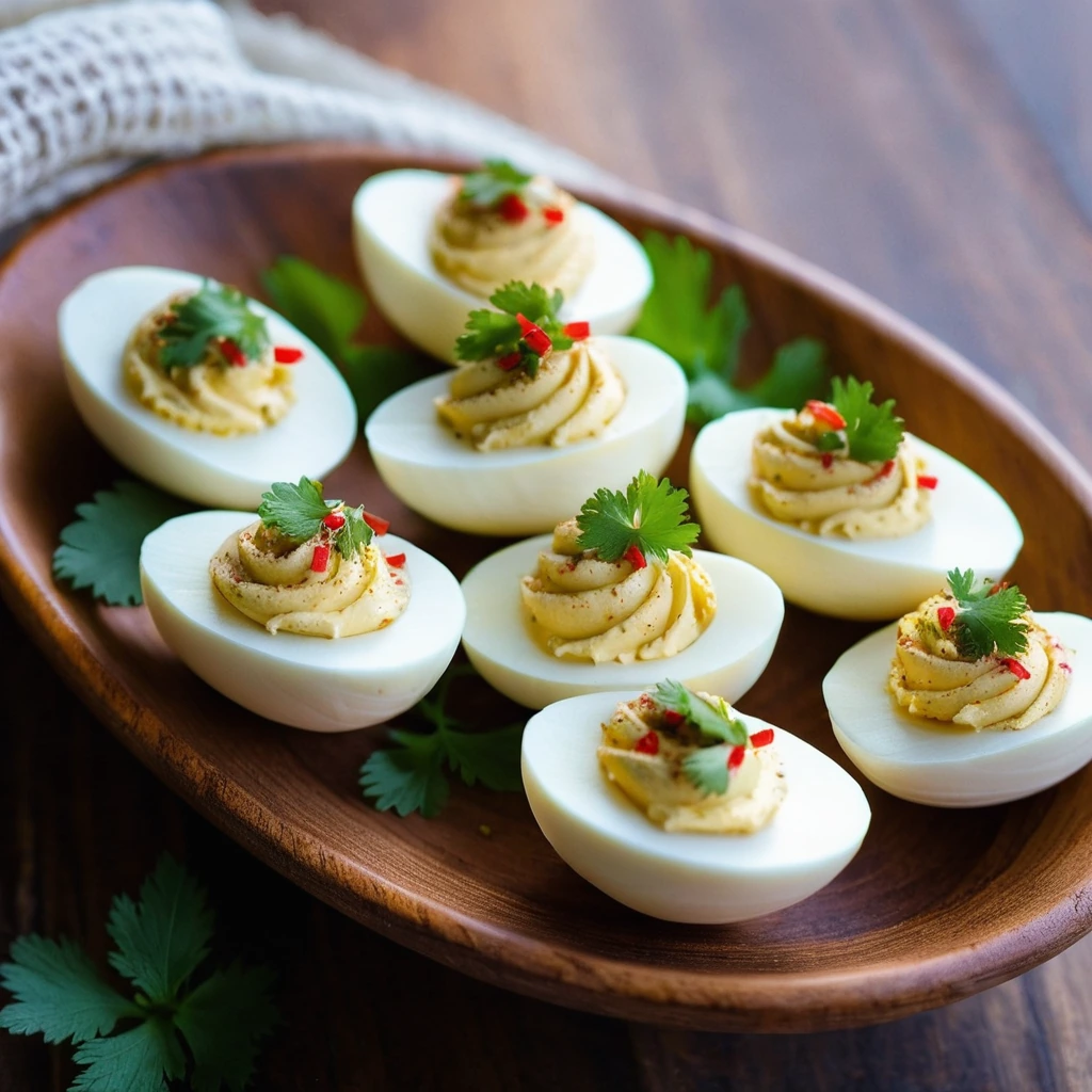 Six deviled egg halves in a rustic wooden bowl, garnished with fresh cilantro and red chili flakes.