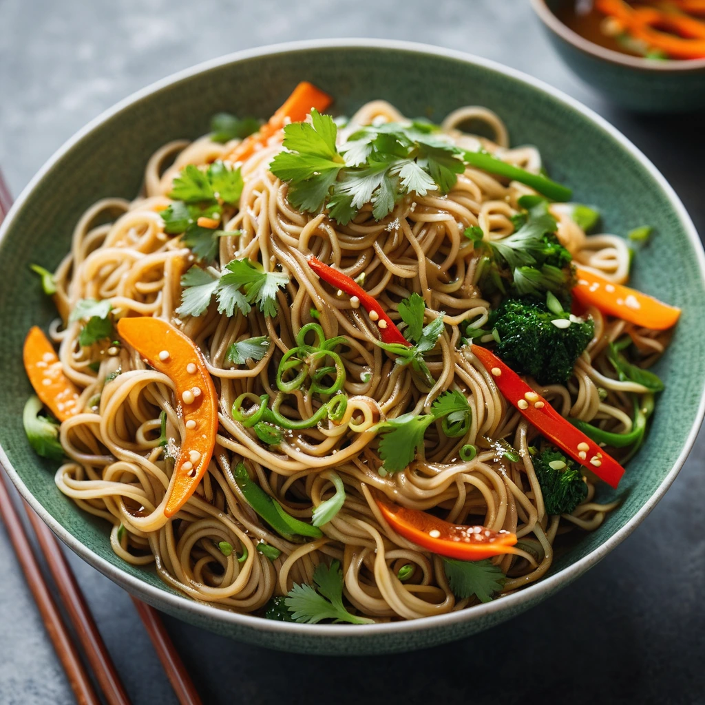 Steamed rice noodles in a vibrant orange sauce with green cilantro in a bowl.
