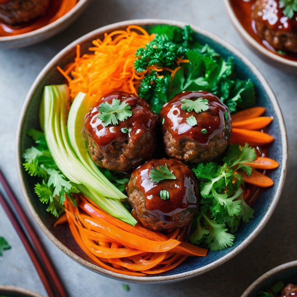 Colorful bowl with green lettuce, orange carrots, and red pork meatballs glazed in a shiny orange sauce.