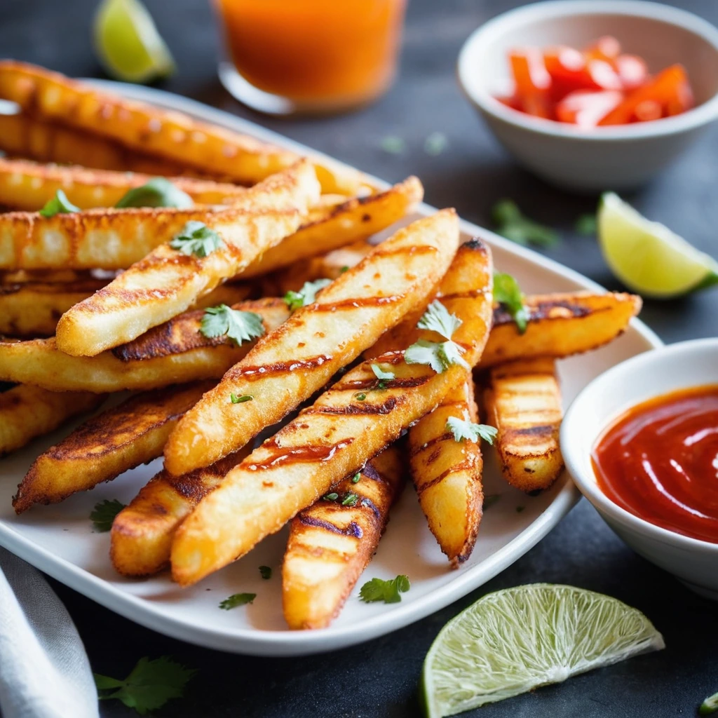 Crispy golden halloumi fries arranged on a white plate with a drizzle of vibrant orange sweet chili sauce.