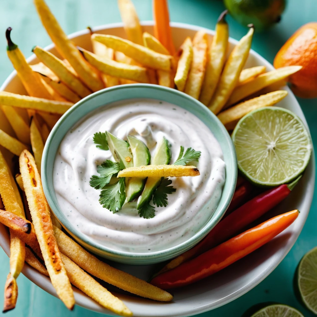 Bowl of vibrant orange dip with lime wedges and colorful veggie sticks