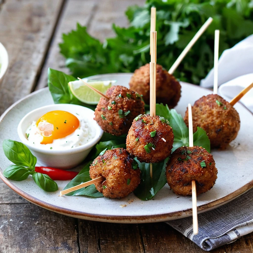 A plated serving of Sweet Chili Meatball Skewers