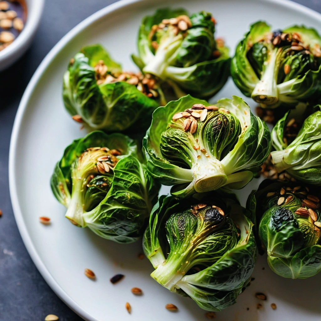Roasted Brussels sprouts fanned out on a white plate, glazed with a vibrant orange-red sauce, sprinkled with sesame seeds.