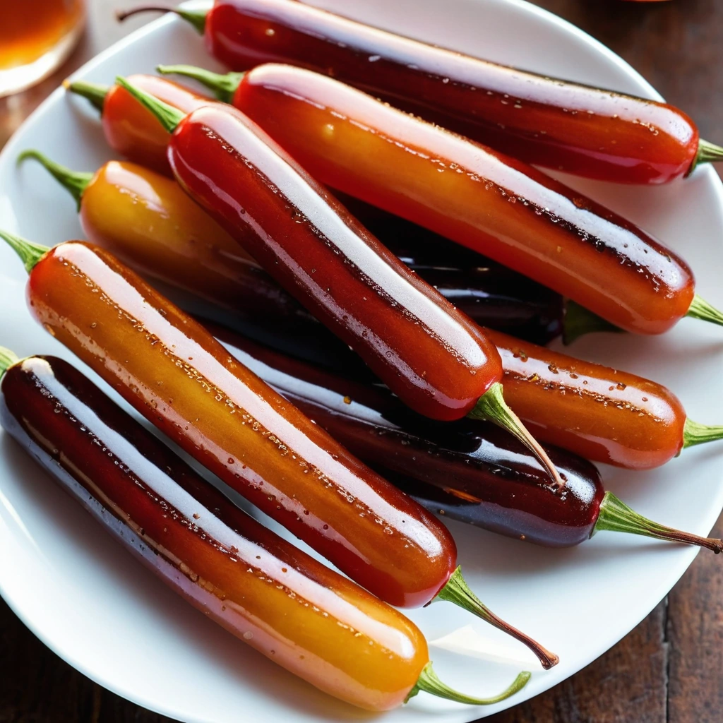 Plate of glossy, caramelized cocktail sausages arranged in a circle, sprinkled with sesame seeds.