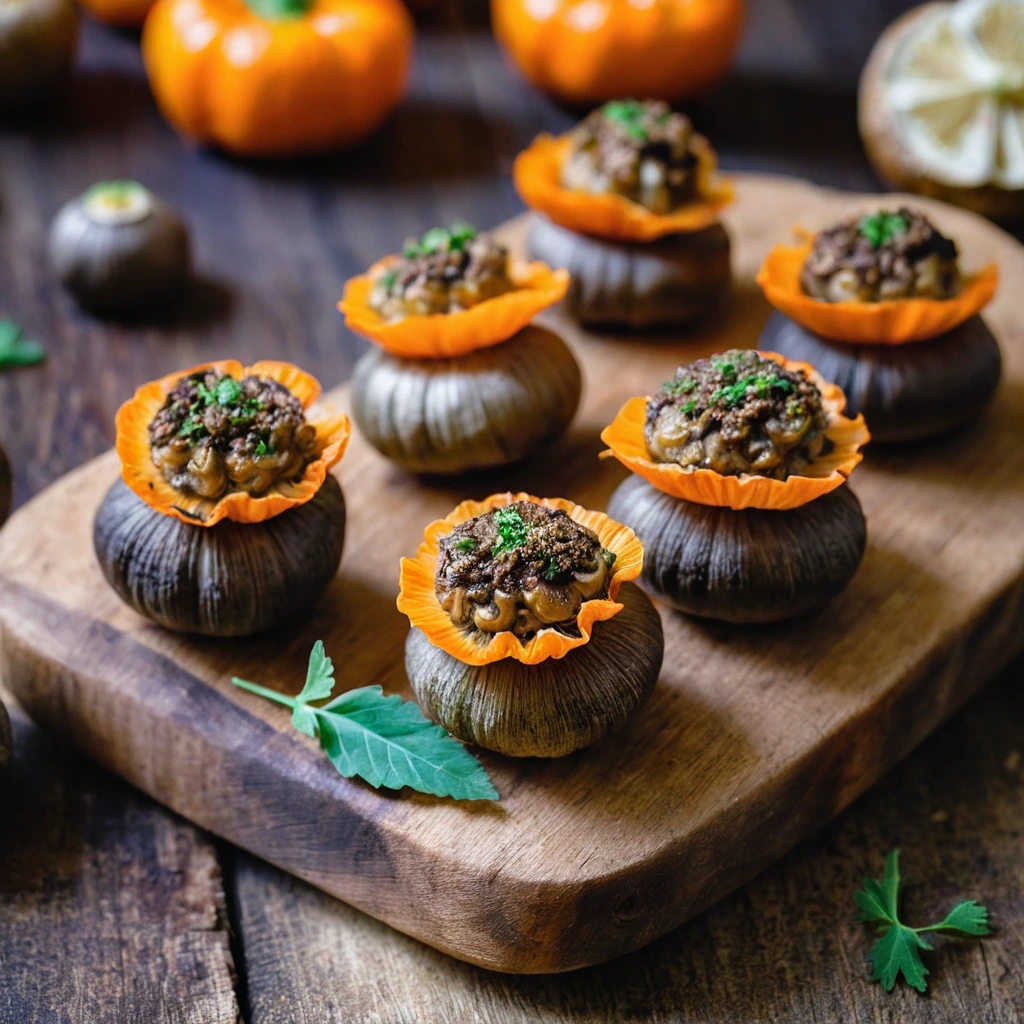 golden brown mushrooms stuffed with a vibrant orange mixture, arranged on a rustic wooden board