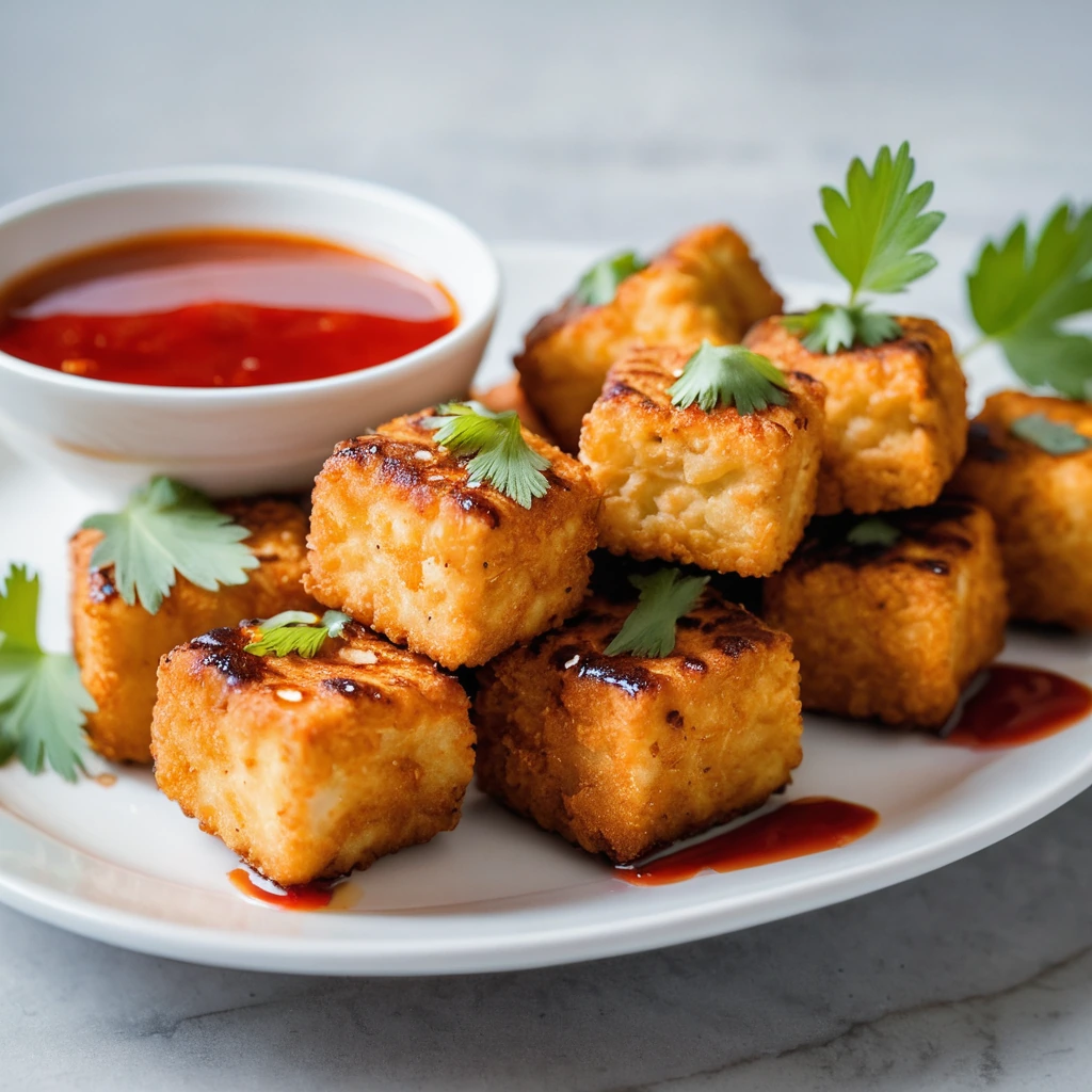 Golden tofu nuggets drizzled with vibrant red sweet chili sauce on a white plate with fresh cilantro garnish.
