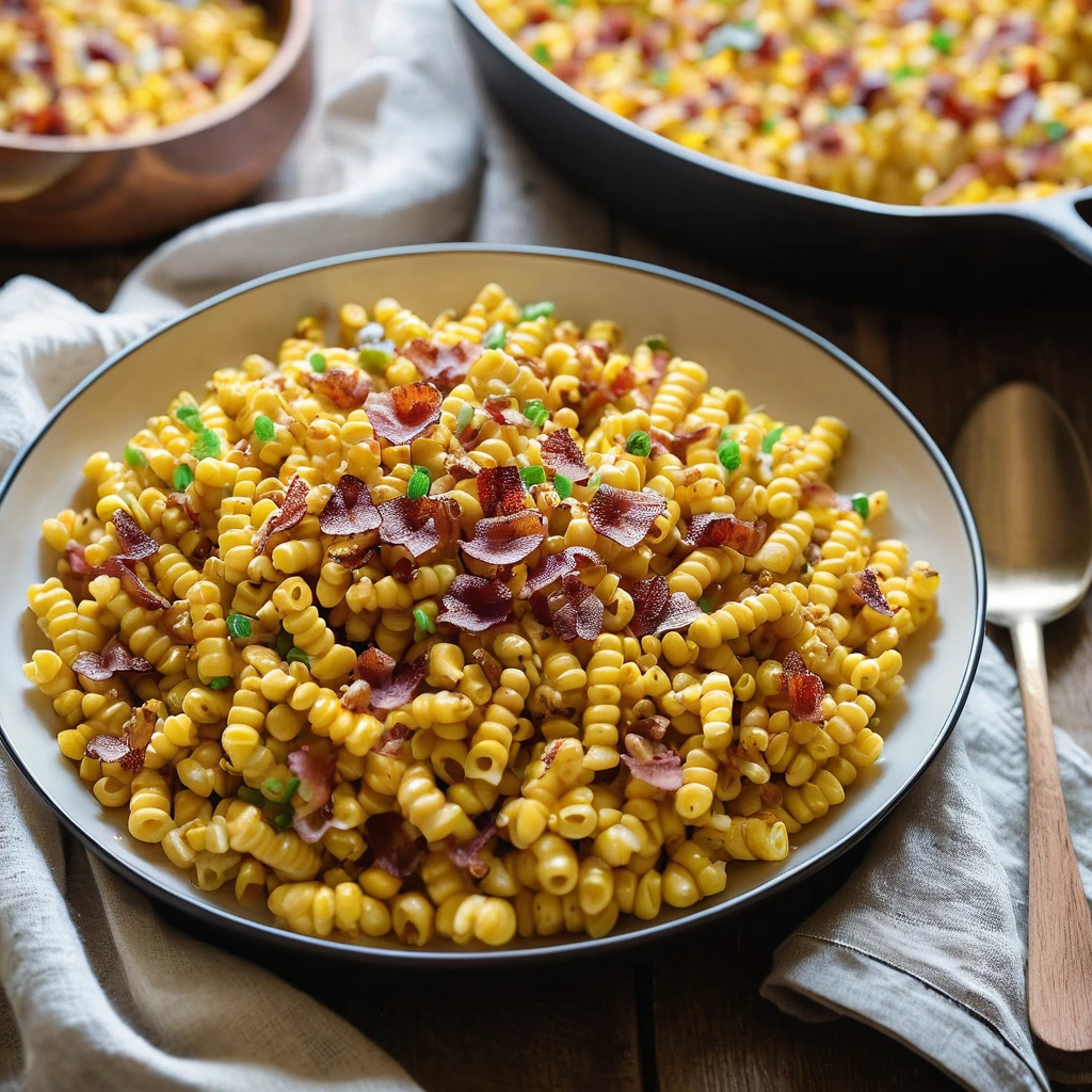 Golden macaroni with crispy bacon bits and whole kernels of corn in a creamy sauce, served in a skillet.