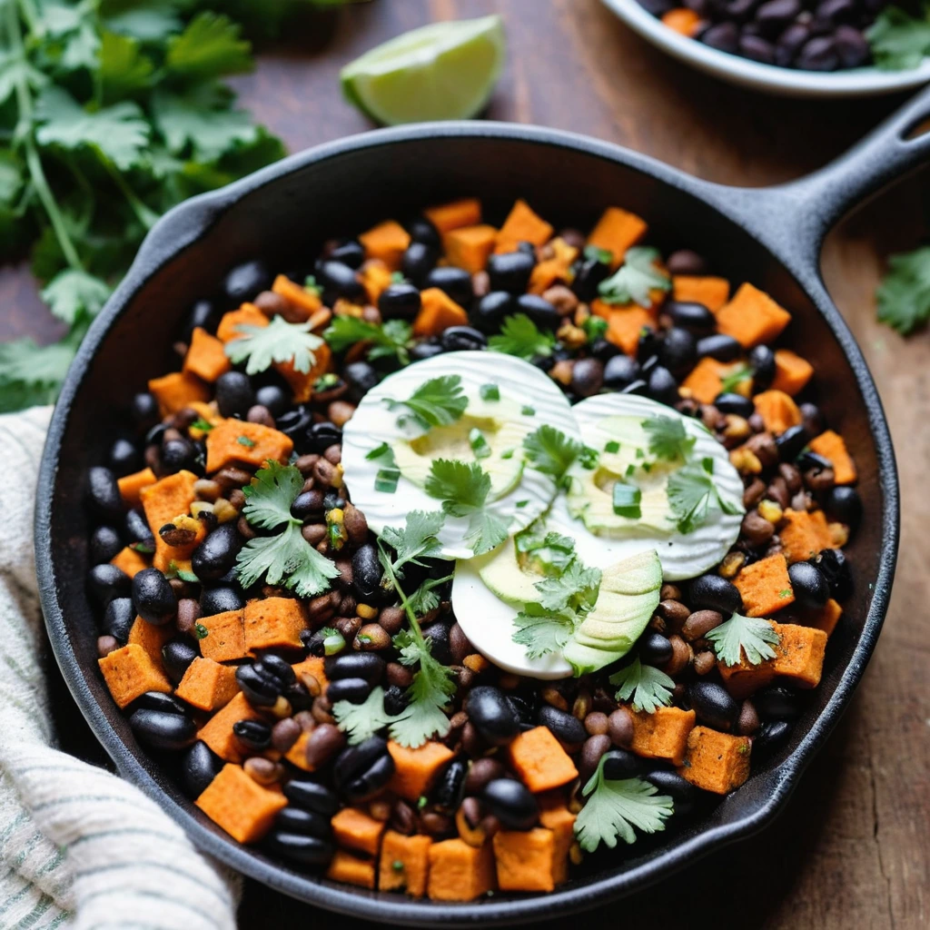 Golden cubes of sweet potato mixed with black beans in a skillet, topped with green cilantro and served in a rustic bowl.