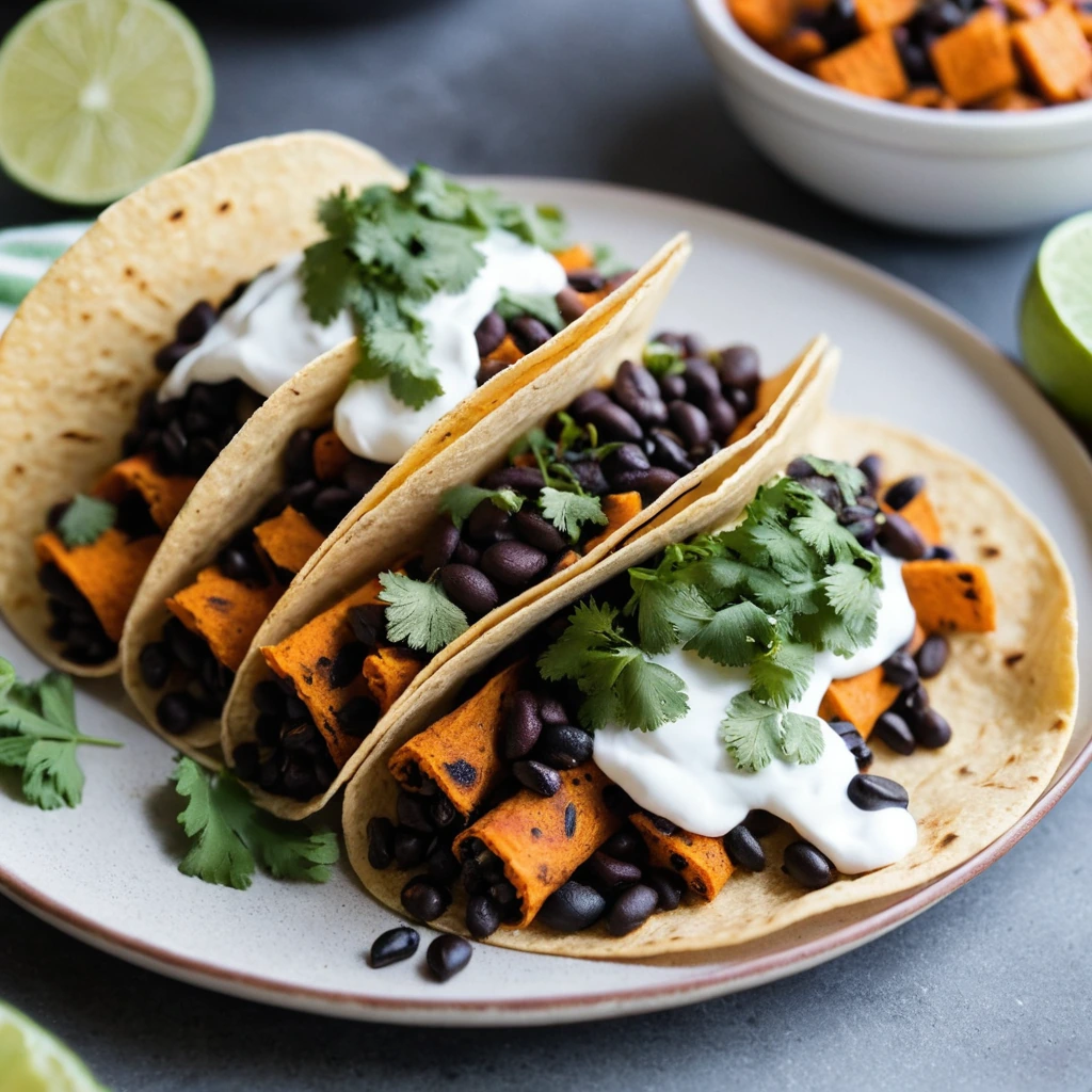 Golden brown breakfast tacos filled with roasted sweet potatoes and black beans, garnished with fresh cilantro.