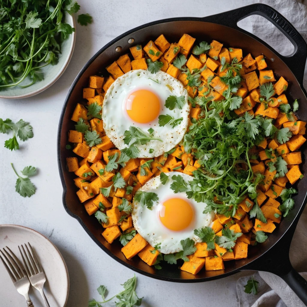 A skillet with golden sweet potatoes and fluffy scrambled eggs, topped with vibrant green cilantro.