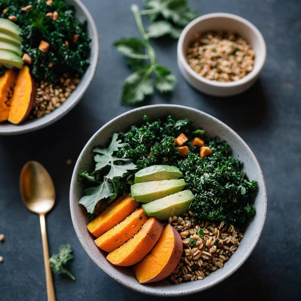 Quinoa bowls with roasted orange sweet potatoes, green kale, and a drizzle of golden vinaigrette.