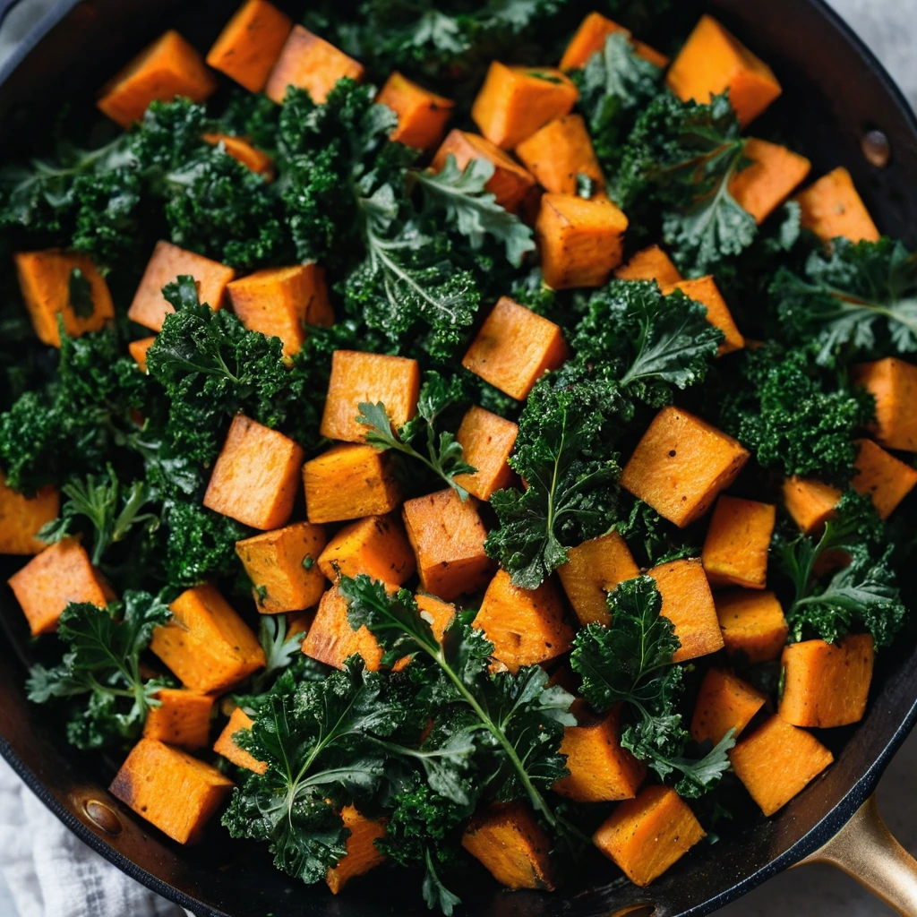 A vibrant skillet of golden brown sweet potatoes and dark green kale with crispy edges.