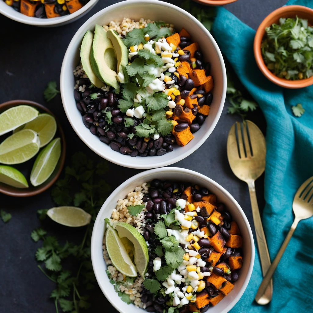 Colorful bowl with roasted sweet potatoes, black beans, corn, and fresh cilantro