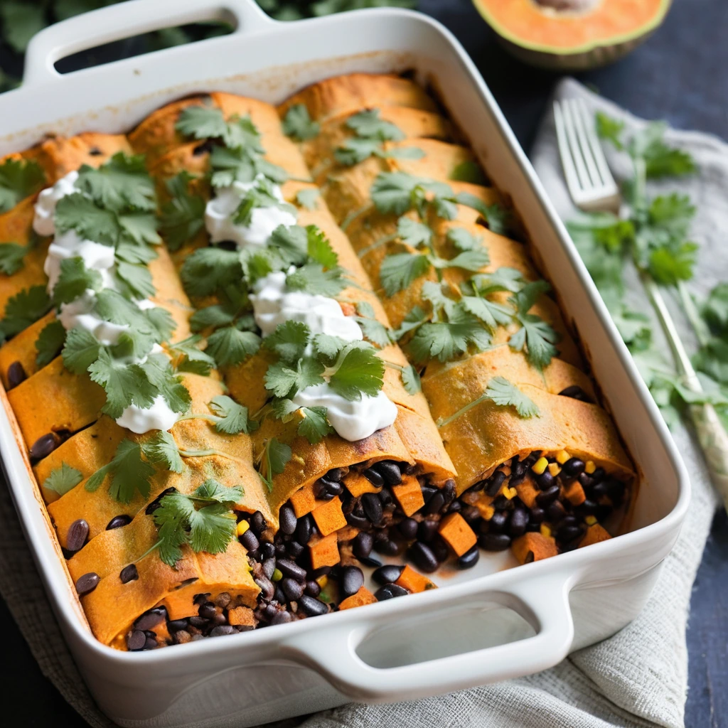 Baked casserole in a rectangular dish with layers of orange sweet potatoes, black beans, and golden corn, topped with melted cheese and green onions.