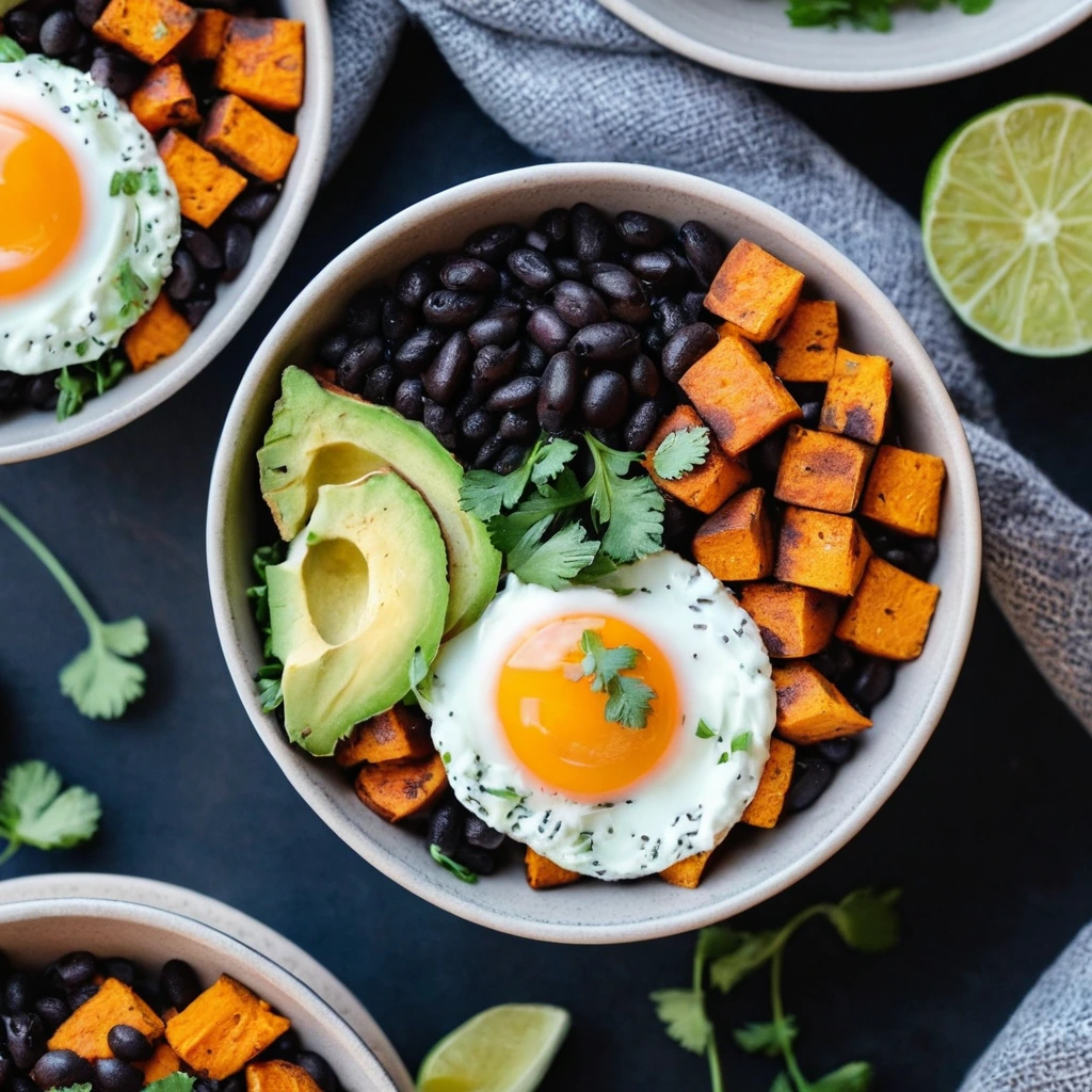 Colorful breakfast bowls with roasted sweet potato cubes, black beans, and sunny-side-up eggs, sprinkled with fresh cilantro and lime wedges.