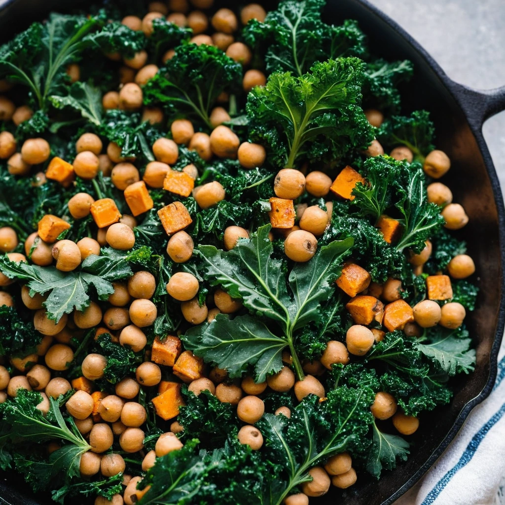 Colorful skillet with golden sweet potatoes, dark kale, and creamy chickpeas.