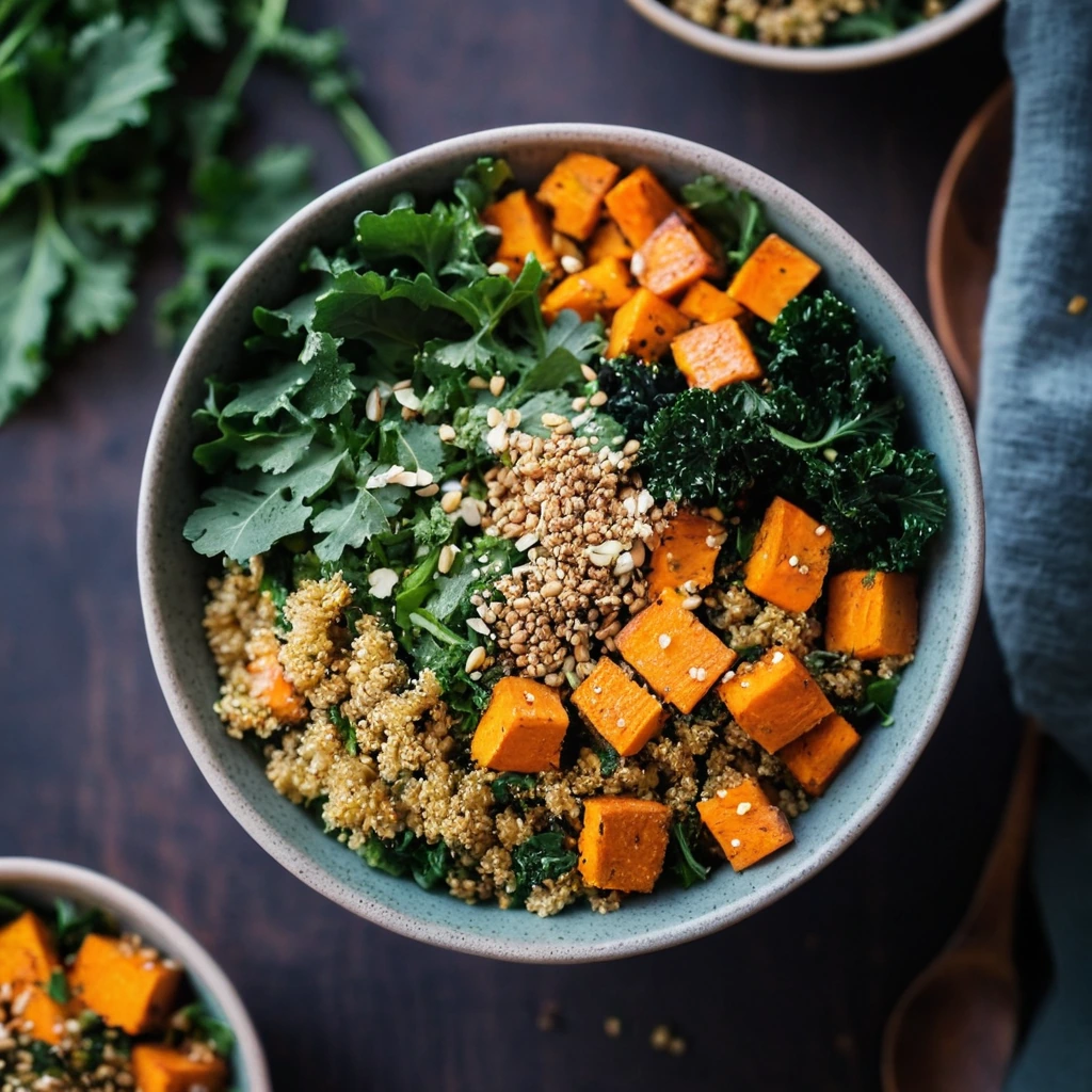 A colorful bowl with roasted orange sweet potatoes, green kale, and golden quinoa topped with a sprinkle of sesame seeds.