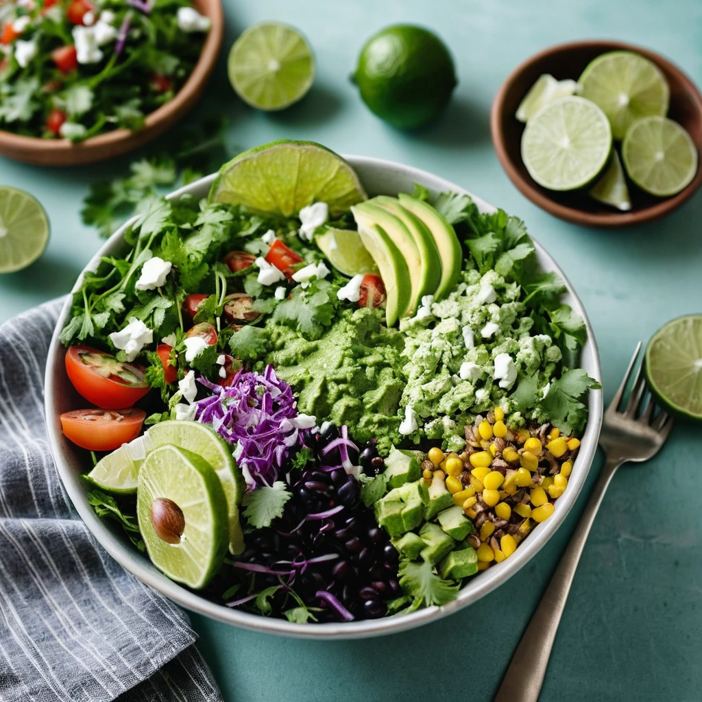 Colorful taco salad in a large bowl with vibrant green cilantro and a squeeze of lime over the top.