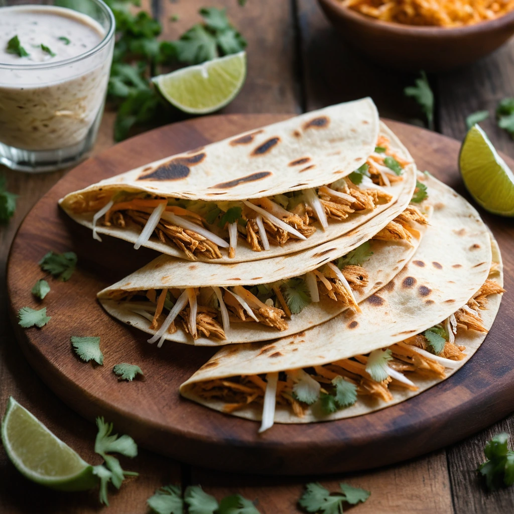 Golden quesadillas filled with orange shredded chicken and melted cheese, cut into wedges on a rustic wooden board.