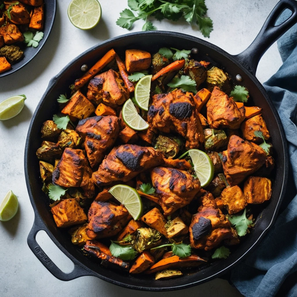 Colorful skillet with tandoori chicken and roasted vegetables, garnished with fresh cilantro.