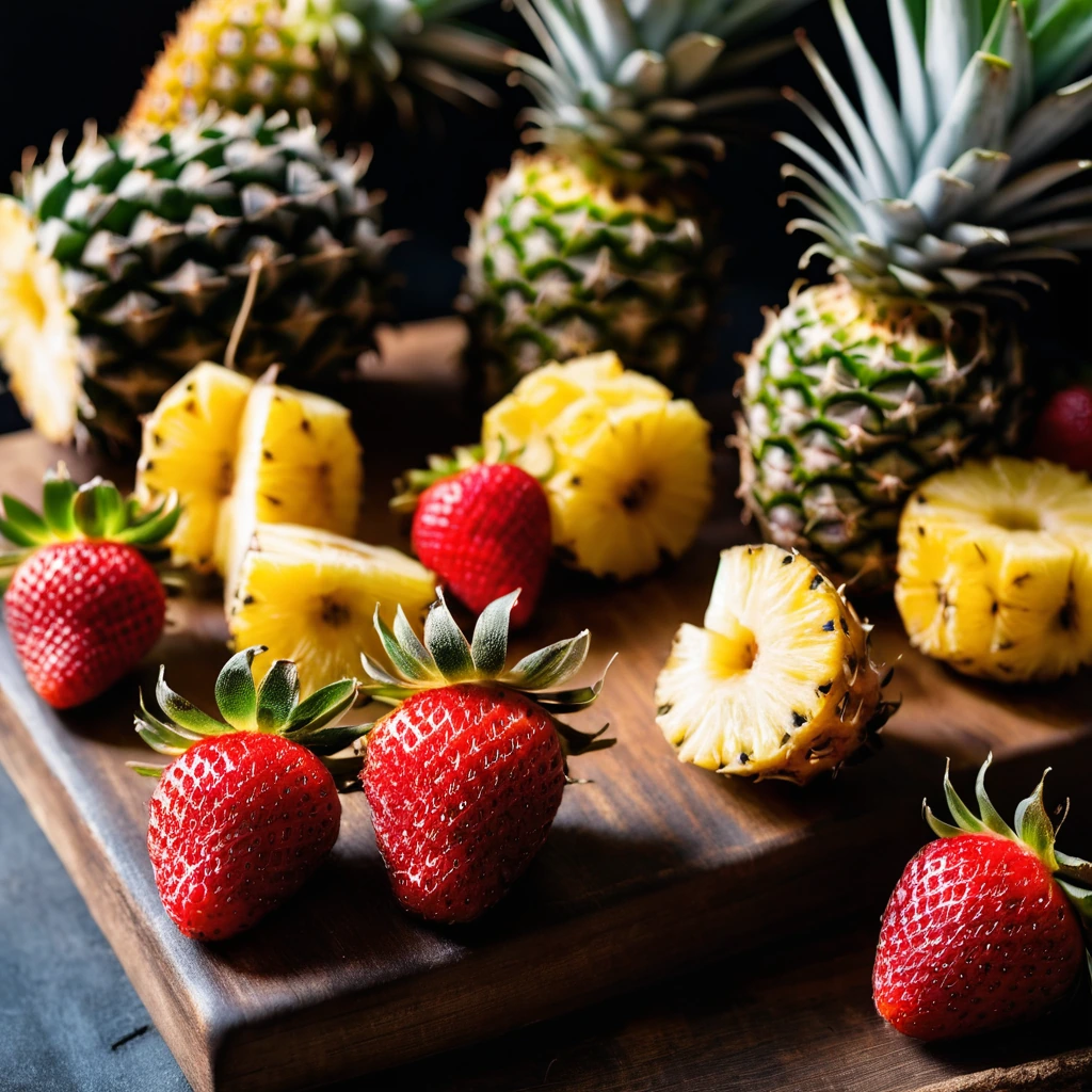 Red strawberries and golden pineapple chunks coated in amber sugar, arranged on a rustic wooden board.