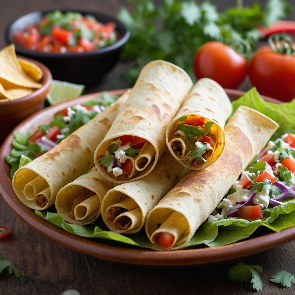 A platter of golden-brown taquitos and melted cheese-covered tortilla chips, sprinkled with fresh cilantro and diced tomatoes.