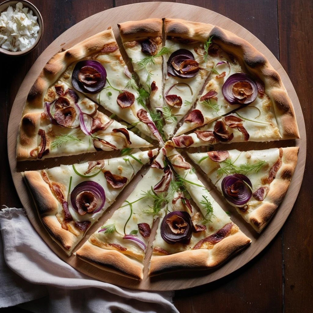 Golden thin crust tart topped with white cheese, caramelized onions, and bacon slices arranged in a circle.