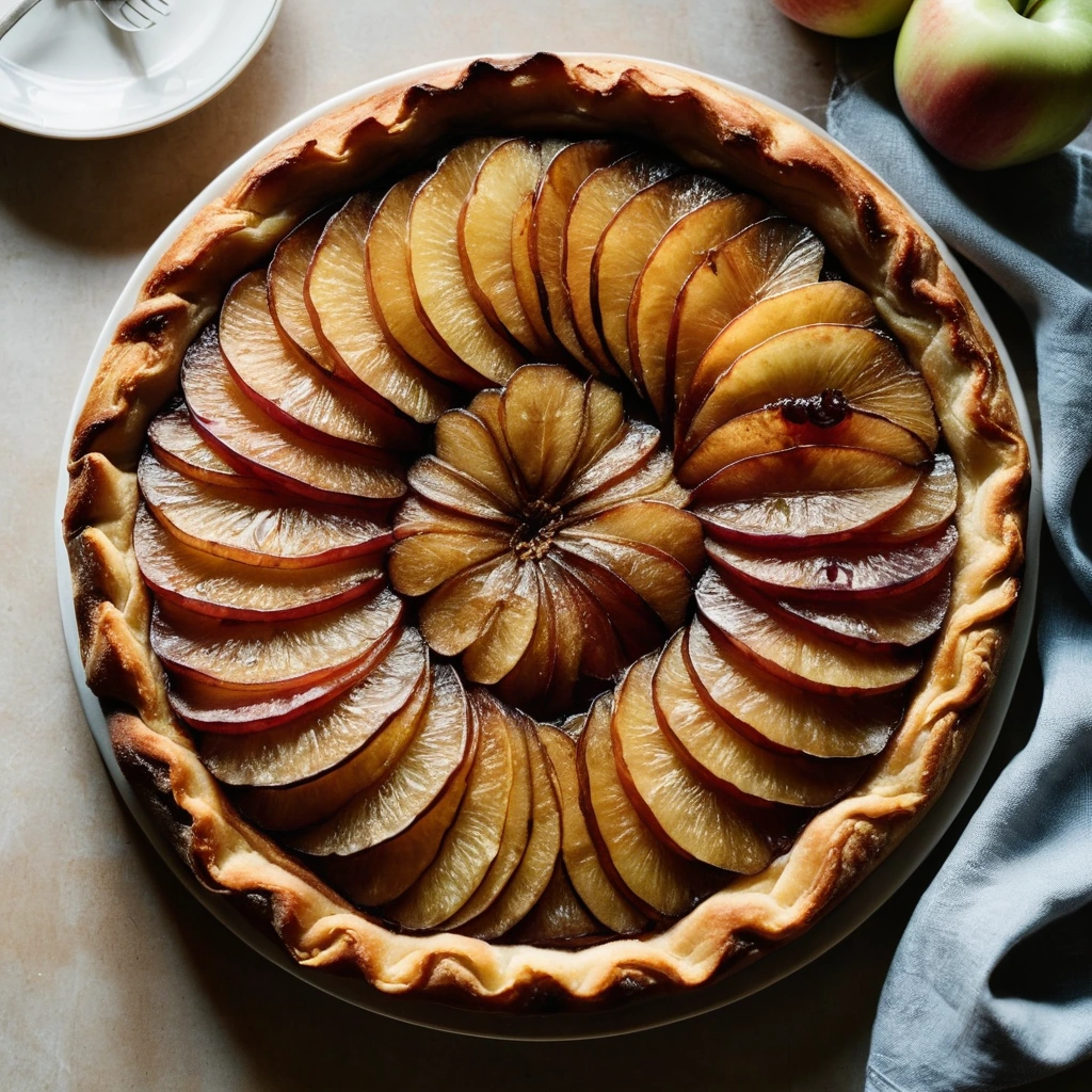 A rustic tart with a lattice of golden pastry over caramelized apple slices in a round baking dish.