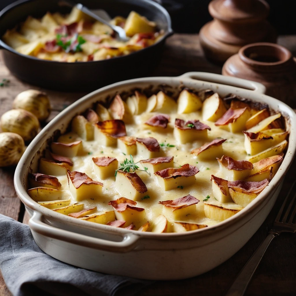 golden-brown bubbly casserole with crispy cheese crust, potatoes, and bacon in a rustic baking dish