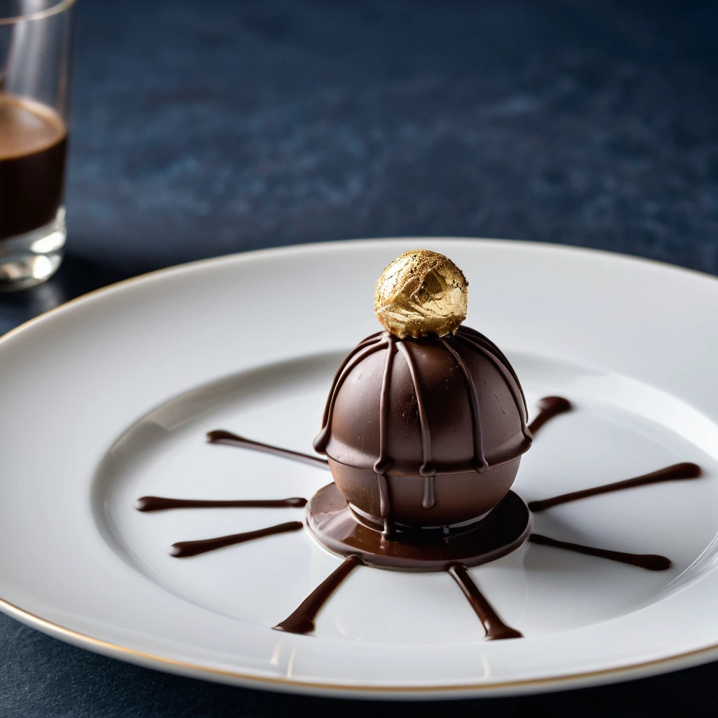 Dark chocolate truffles with a golden drizzle on a white plate
