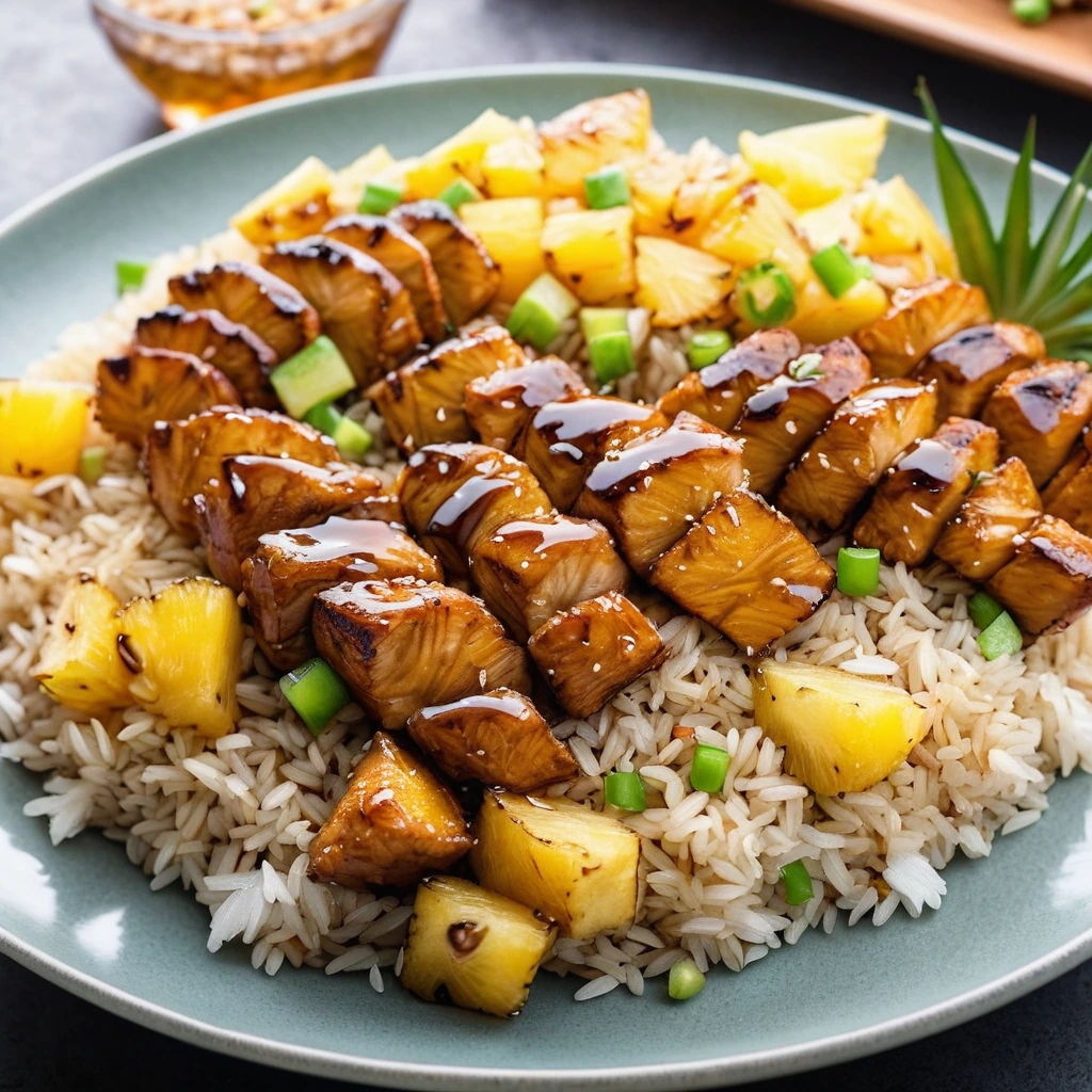 Golden fried rice with chunks of pineapple and tender chicken, drizzled with teriyaki sauce
