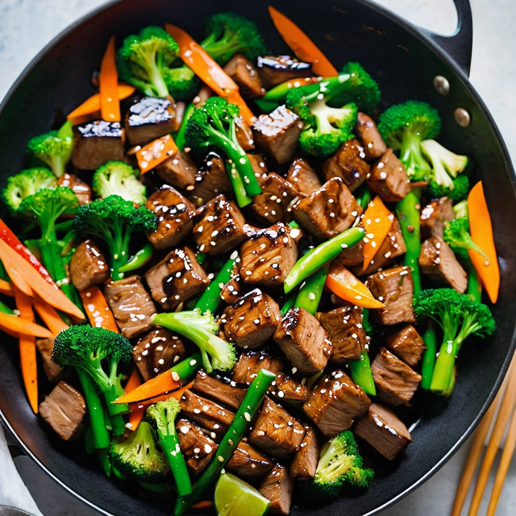 Colorful stir-fry in a skillet with glazed pork and vibrant vegetables