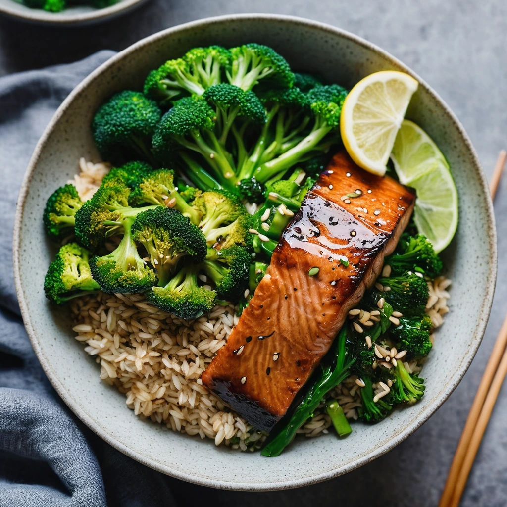 Plated rice bowls with glazed salmon, broccoli, and a drizzle of teriyaki sauce