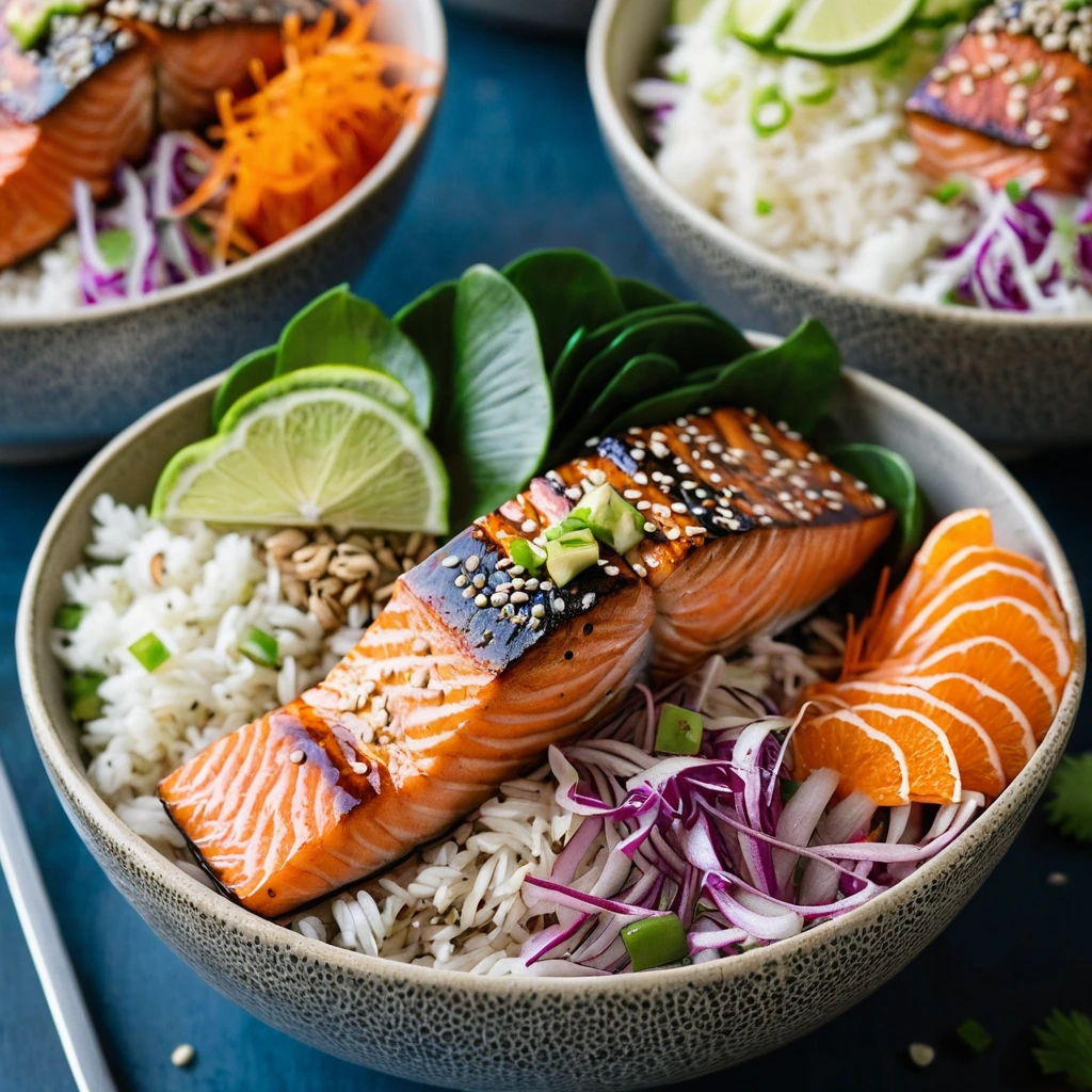 A colorful bowl with glazed salmon fillet, vibrant sesame-dotted slaw, and steamed rice.