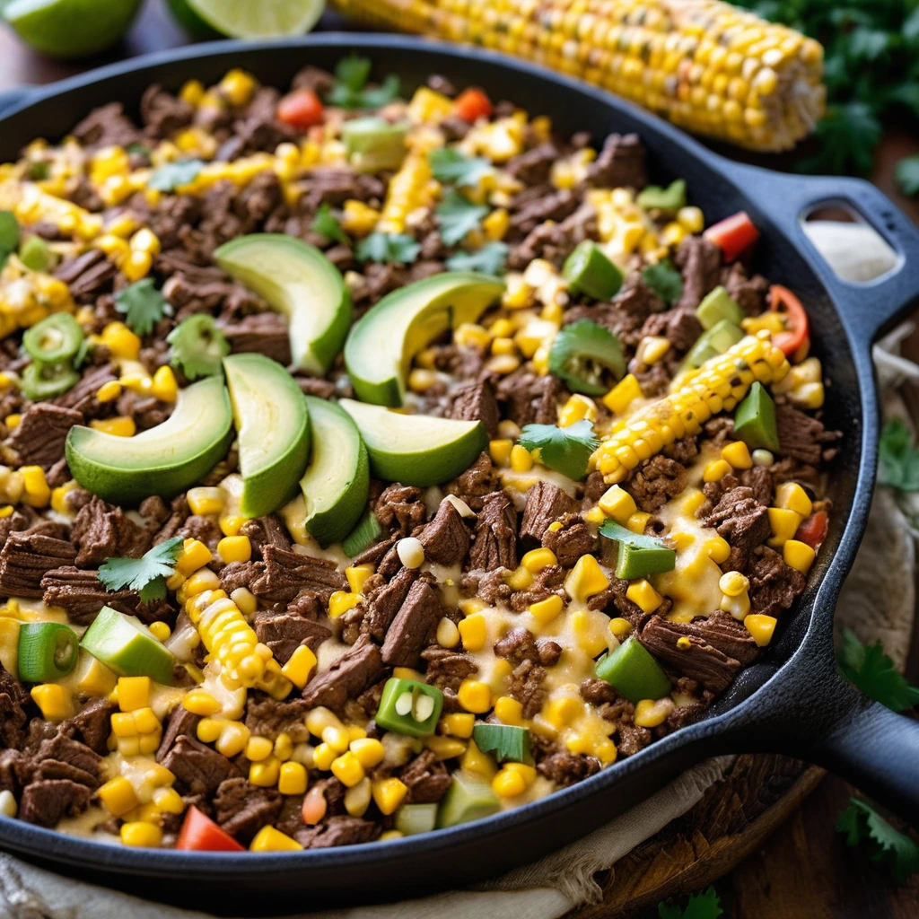 A colorful skillet with browned beef, golden corn, peppers, and melted orange cheddar cheese.