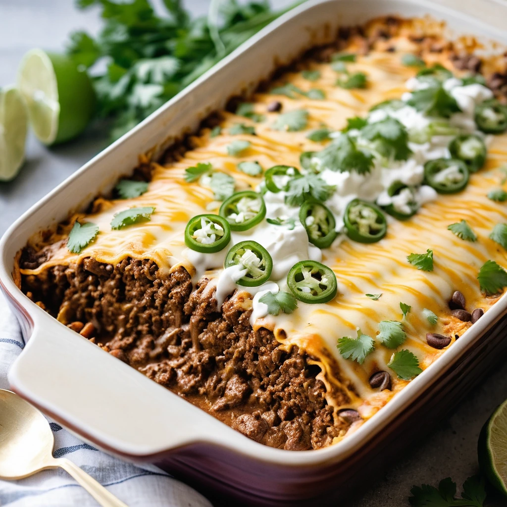 Golden brown casserole in a baking dish with melted cheese on top, garnished with green onions and cilantro.