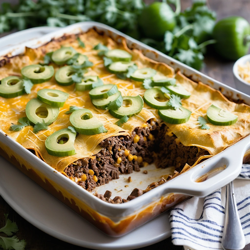 Baked casserole with layers of beef, cheese, and tortillas topped with melted cheddar in a rectangular dish.