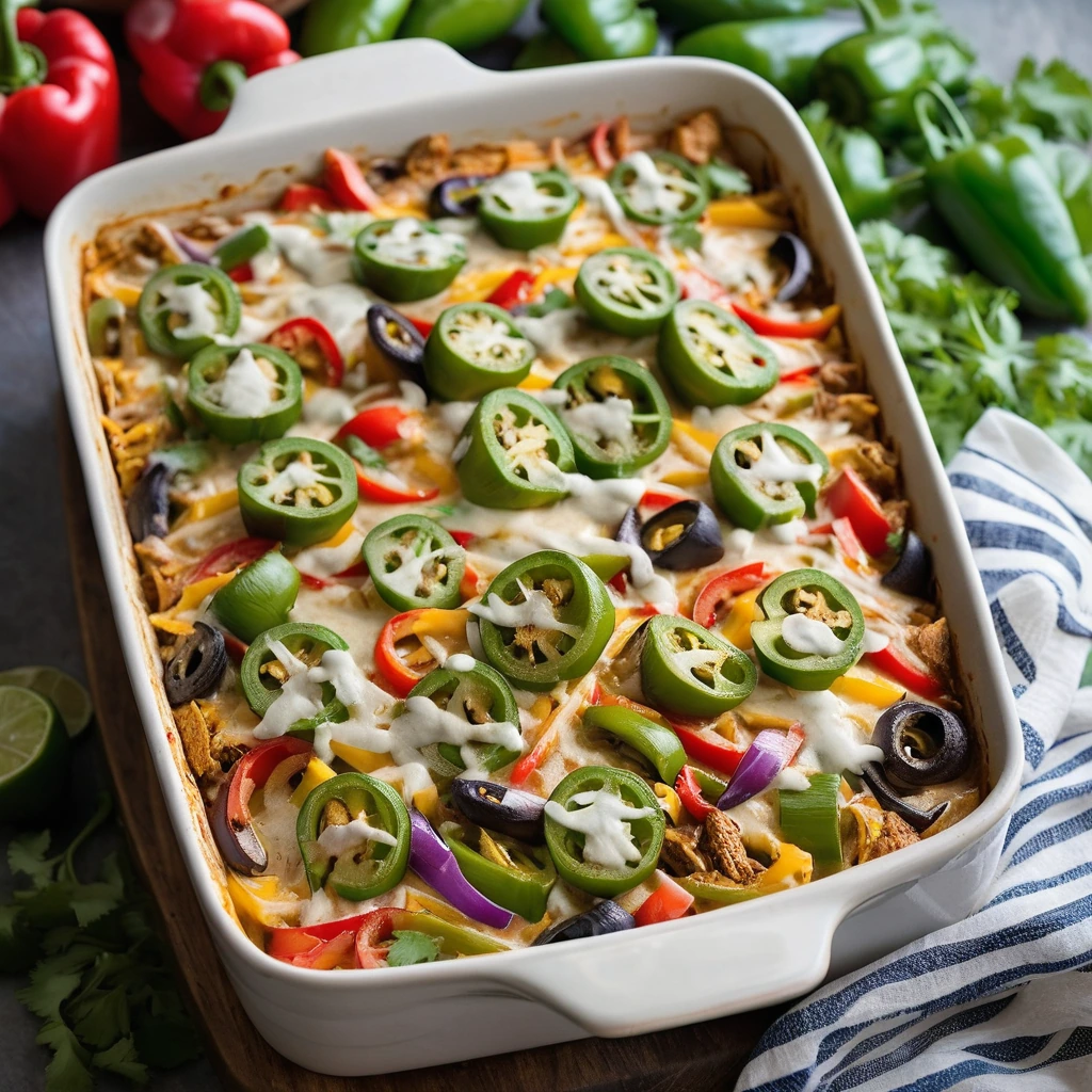 Baked casserole in a rectangular dish with melted cheese on top, surrounded by green and red bell peppers and onions.