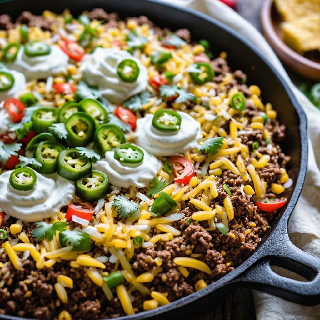 Golden rice speckled with green and red peppers, topped with ground beef and melted cheese in a skillet.