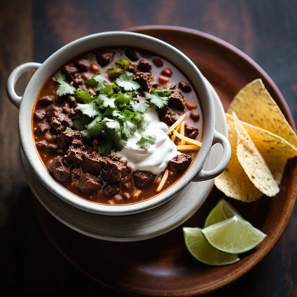 Steaming bowl of dark red chili with melted cheddar cheese on top and a sprinkle of fresh cilantro.