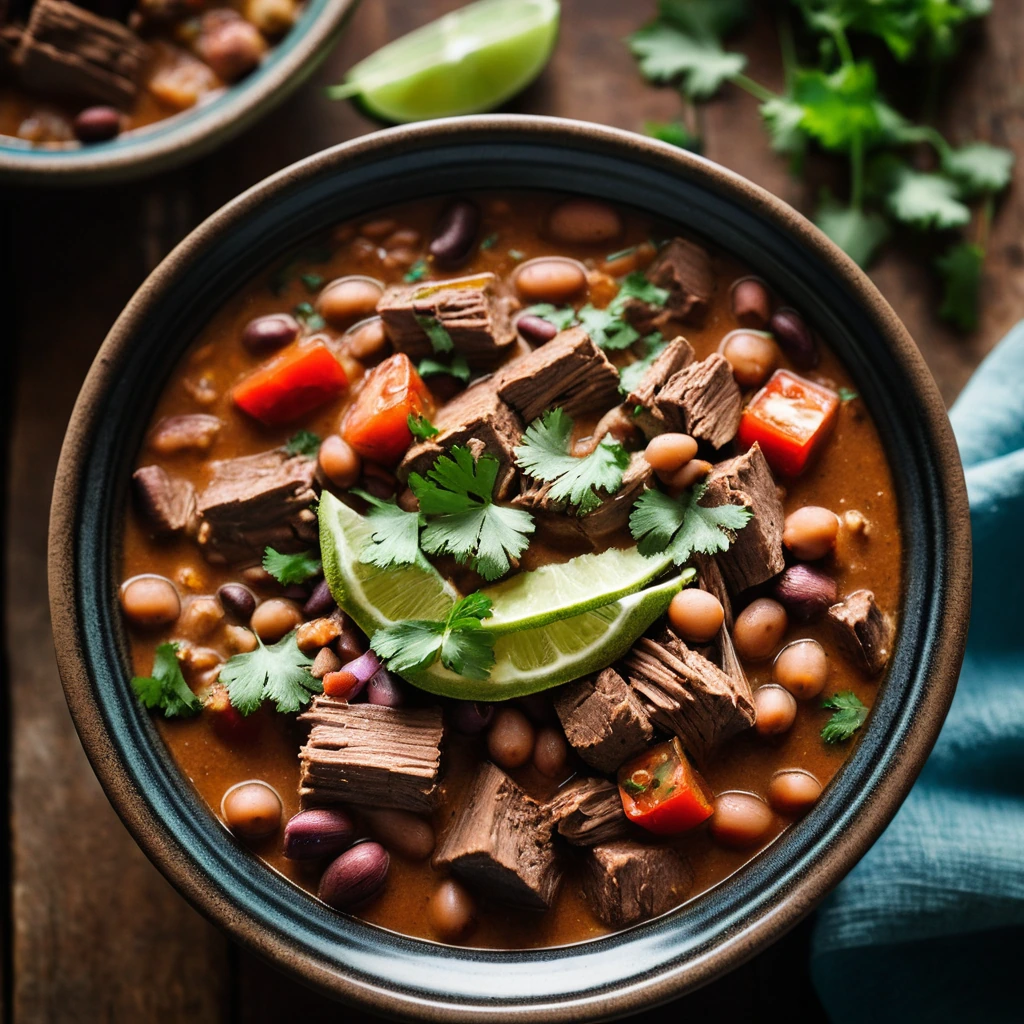 Rustic bowl of smoky pork and bean stew garnished with fresh cilantro and diced tomatoes