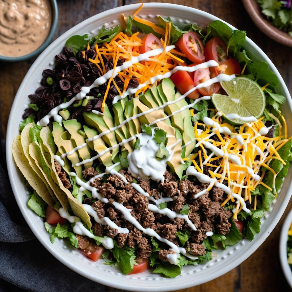 Colorful salad bowl with greens, tomatoes, cheese, ground beef, and a drizzle of orange sauce.