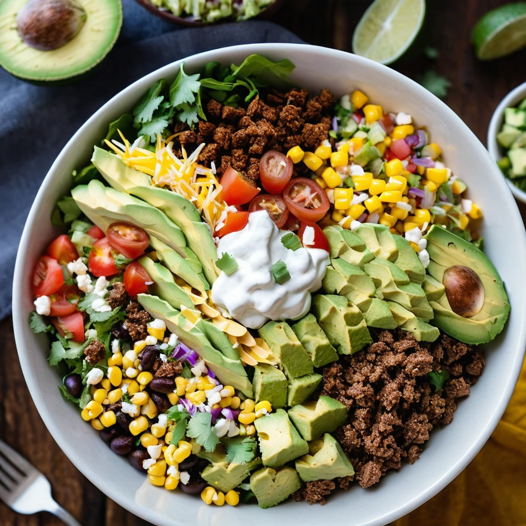 Colorful salad in a bowl with greens, corn, avocado, tomatoes, and shredded cheese topped with taco seasoned ground beef.