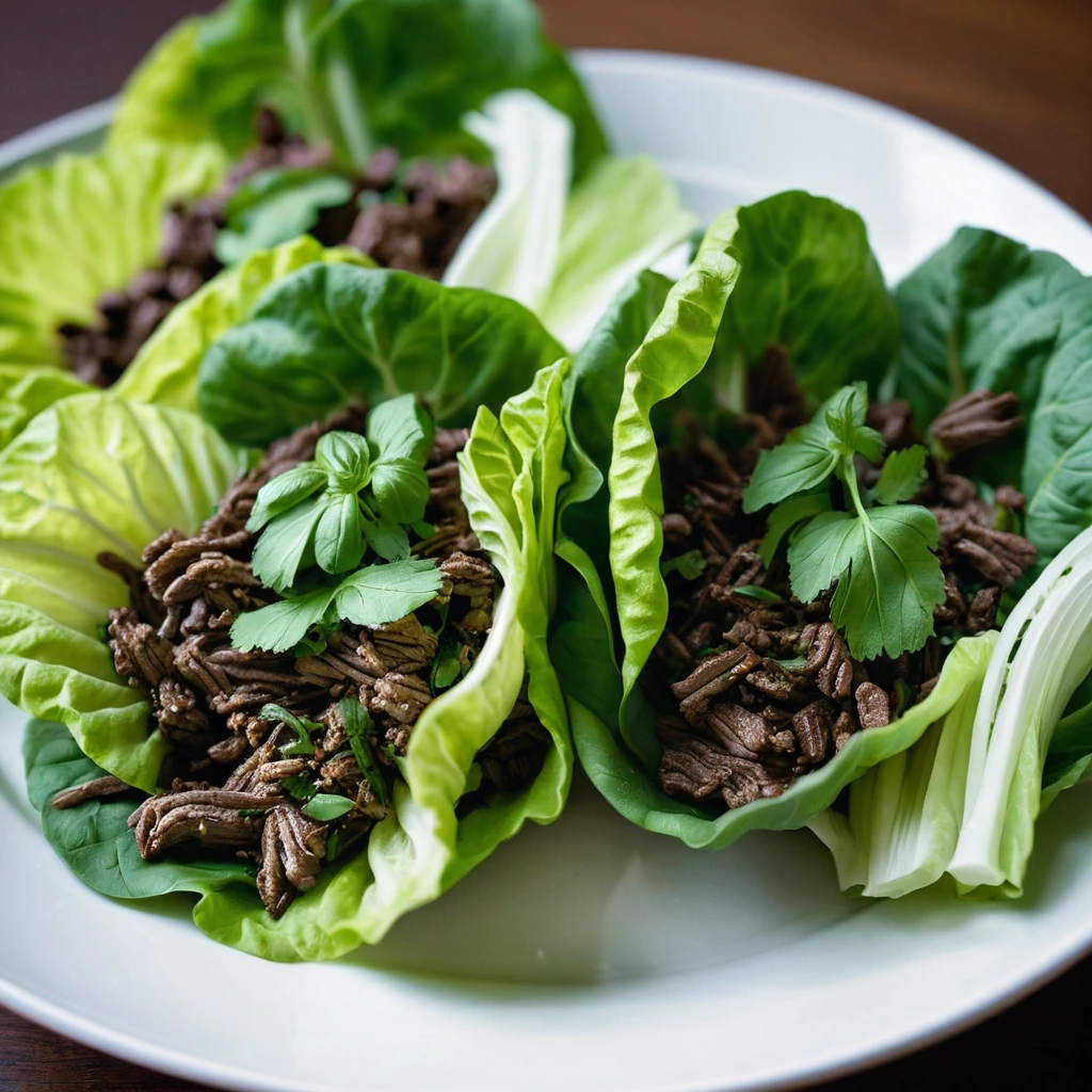 Colorful lettuce cups filled with glossy, dark beef and vibrant green basil leaves.