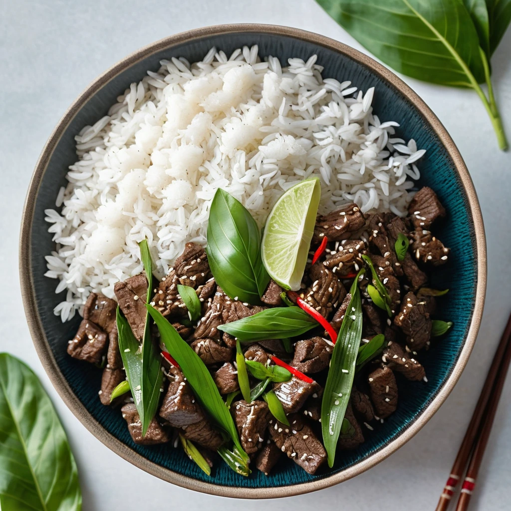 Plump beef strips and glossy Thai basil leaves served over a bed of fluffy jasmine rice