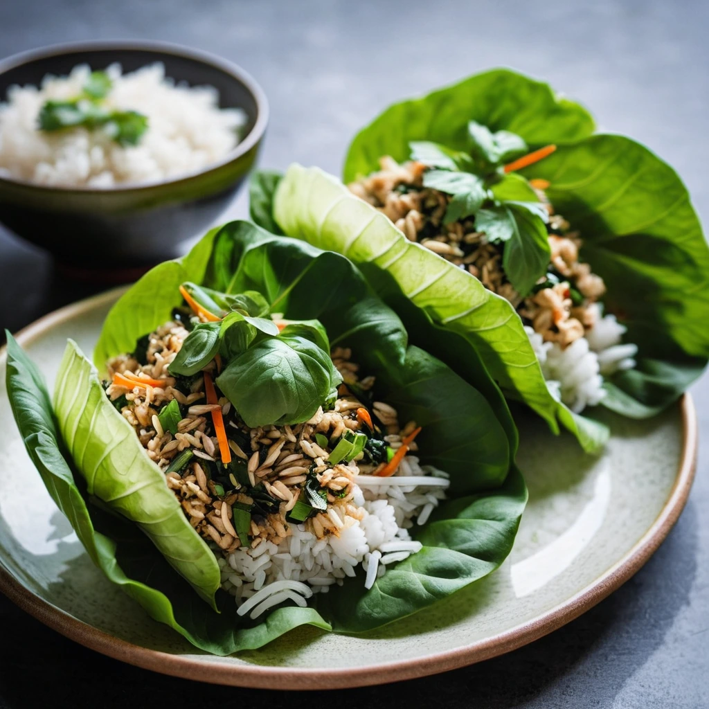 Colorful lettuce cups filled with aromatic Thai basil and tender chicken over fluffy rice.