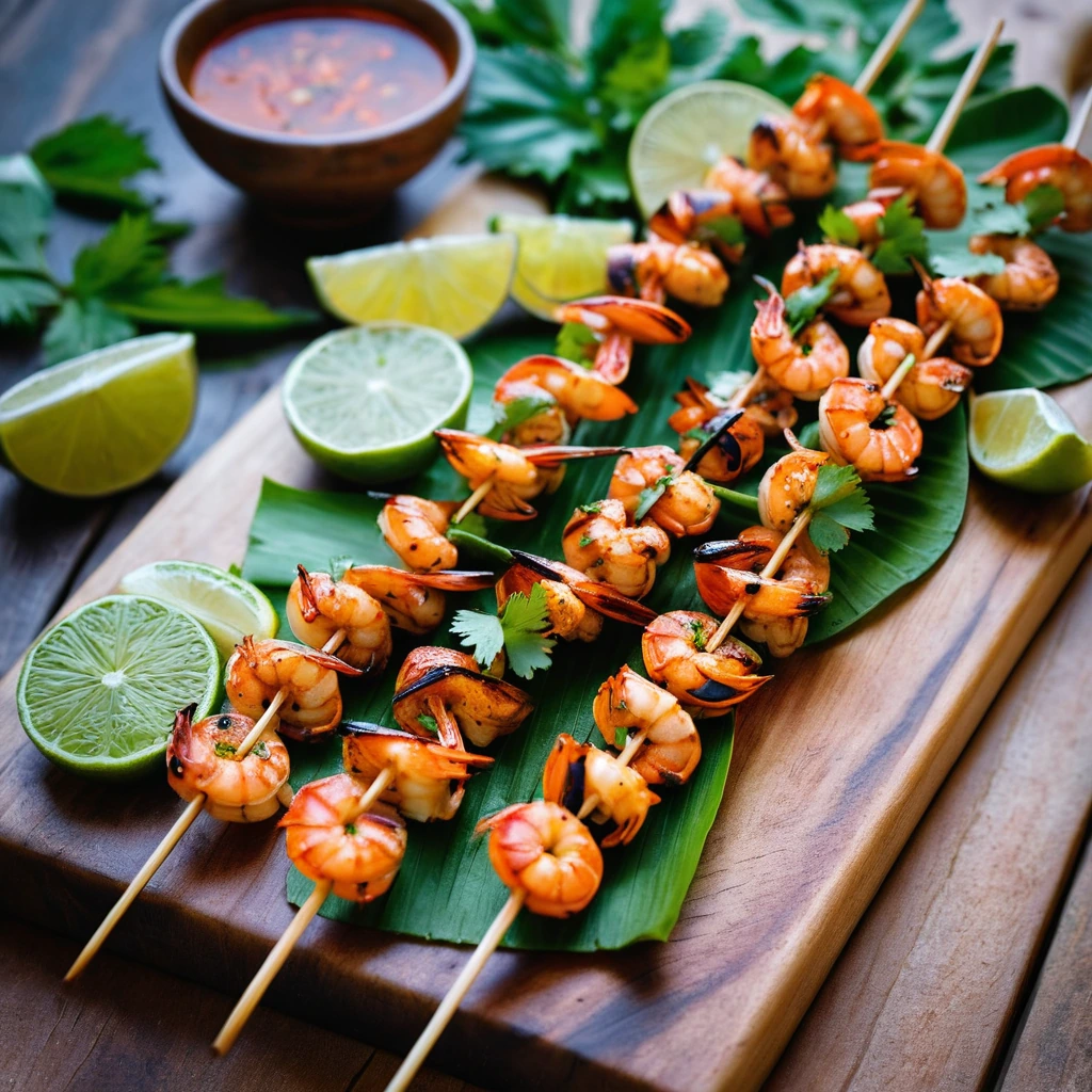 Grilled shrimp skewers with a vibrant orange-red glaze, served on a rustic wooden board with fresh cilantro.
