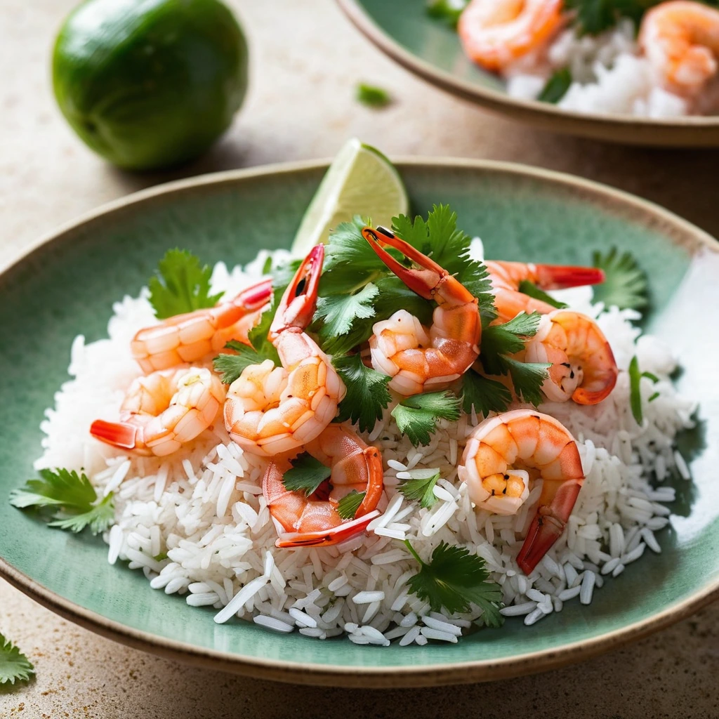 Plump pink shrimp over a mound of golden coconut rice, garnished with fresh cilantro and lime wedges.